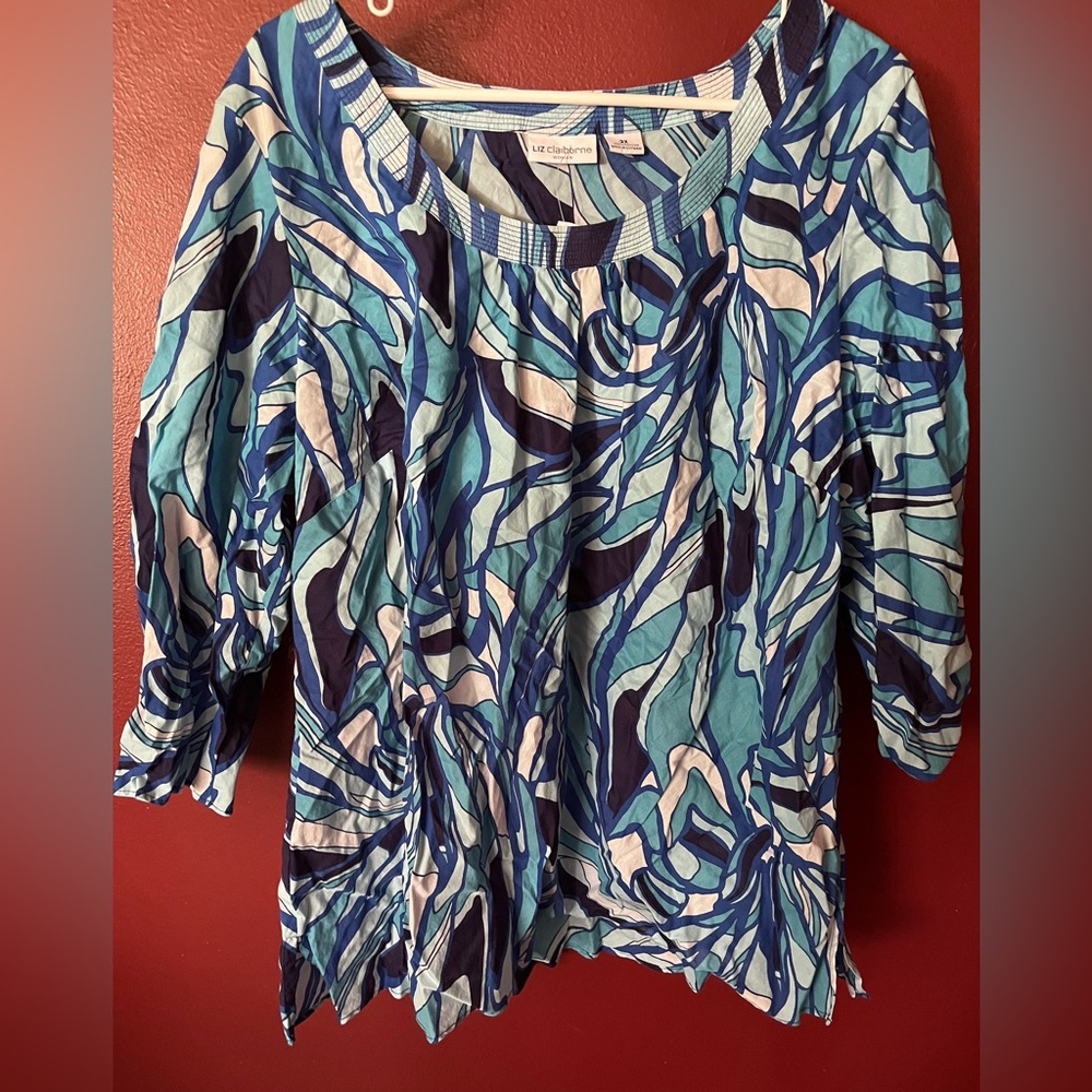 Liz Claiborne Blue Graphic Ruched Blouse